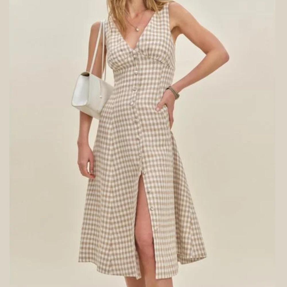 Reformation | Sebastien 100% Linen Gingham Button Front Midi Dress in Natural